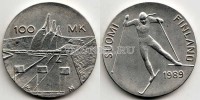 монета Финляндия 100 марок 1989 год Чемпионат мира по лыжным видам спорта 1989. Марьо Туулеви Матикайнен-Калльстрём