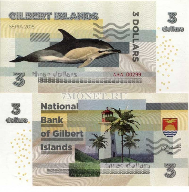 бона Острова Гилберта 3 доллара 2015 год Дельфин