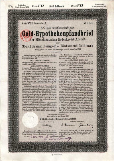 Германия Облигация 1000 Золотых марок 1928 Берлин