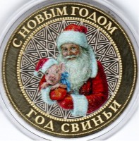 монета 10 рублей Новый 2019 год Свиньи. Дед Мороз и поросёнок. Цветная, неофициальный выпуск