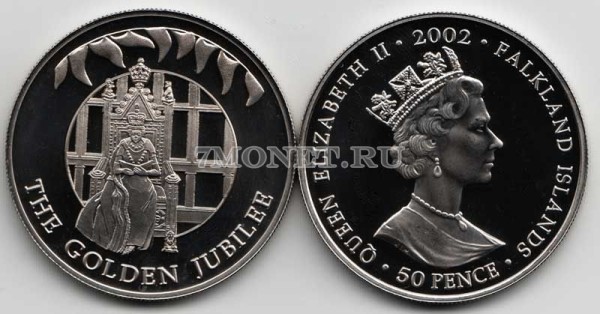 монета Фолклендские острова 50 пенсов 2002 год золотой юбилей Елизавета II на троне
