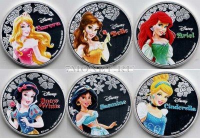 Новая Зеландия набор из 6-ти монетовидных жетонов 2015 год Принцессы