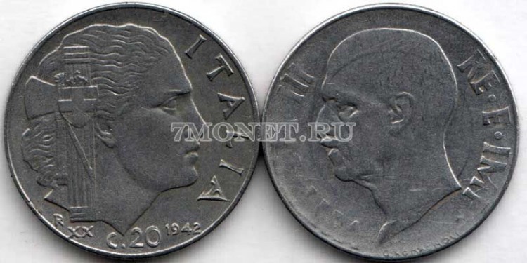 монета Италия 20 чентезимо 1940-1942 годы