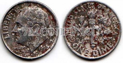 монета США 10 центов (дайм) 1990D год