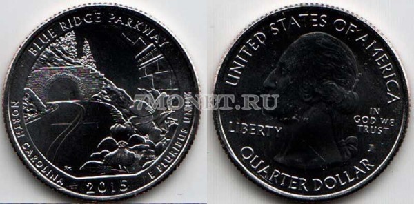 США 25 центов 2015D год штат Северная Каролина, Автомагистраль Блу-Ридж, 28-й