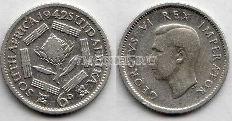 монета Южная Африка 6 пенсов 1942 год Георг VI