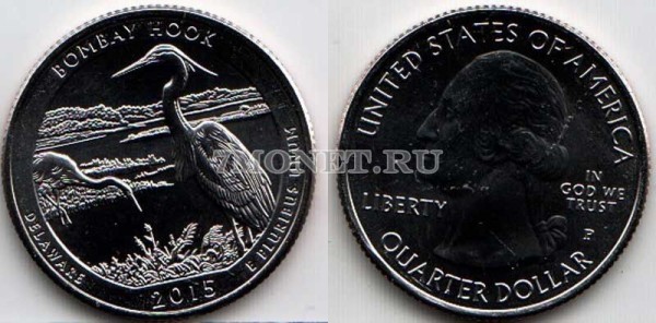 США 25 центов 2015Р год штат Делавэр, Национальное убежище Бомбай-Хук, 29-й