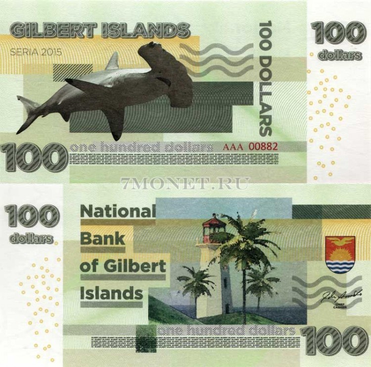 бона Острова Гилберта 100 долларов 2015 год Рыба-молот
