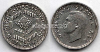 монета Южная Африка 6 пенсов 1952 год Георг VI