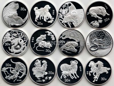 Китай набор из 12-ти монетовидных жетонов 2002-2013 годы лунный календарь PROOF