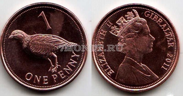 монета Гибралтар 1 пенни 2011 год Берберская куропатка