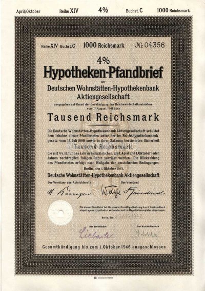 Германия Облигация Ипотека 4% 1000 Gm 1941