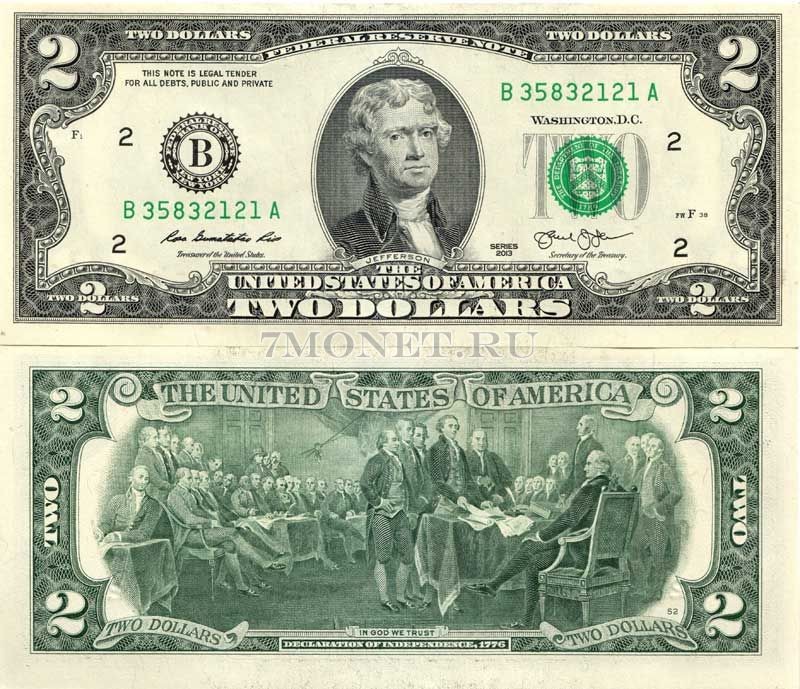 банкнота США 2 доллара 2013 год