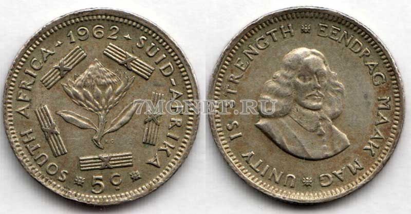 монета Южная Африка 5 центов 1962 год Георг VI