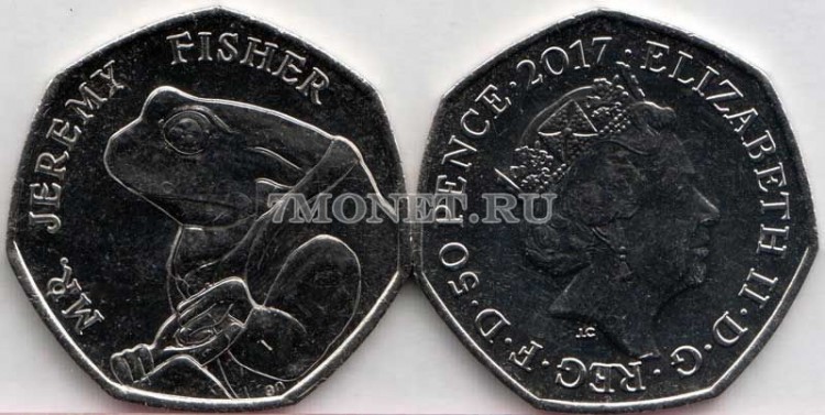 монета Великобритания 50 пенсов 2017 год Лягушка Джереми Фишер - 150 лет со дня рождения Беатрис Поттер