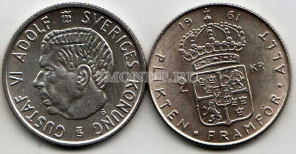 монета Швеция 2 кроны 1961 год Густав VI