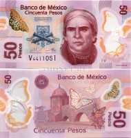 бона Мексика 50 песо 2016 год, пластик