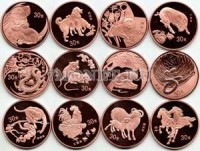 Китай набор из 12-ти монетовидных жетонов 2002-2013 годы лунный календарь, бронзовое покрытие PROOF
