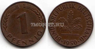 монета Германия 1 пфенниг 1950F год