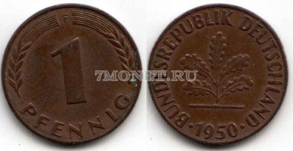 монета Германия 1 пфенниг 1950F год