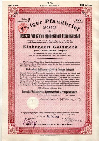 Германия Облигация 100 Золотых марок 1928 Берлин