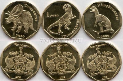Остров Святого Мартина набор из 3-х монет 1 песо 2018 год Динозавры