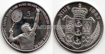 монета Ниуэ 5 долларов 1987 год XXIV олимпийские игры по теннису в Сеуле - Бо...
