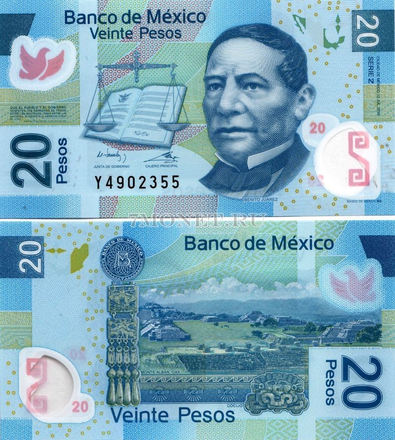 бона Мексика 20 песо 2016 год, пластик, серия Z