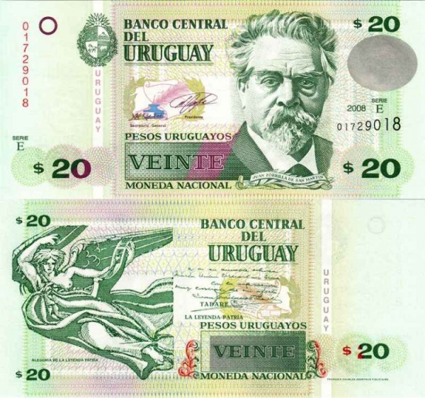 бона Уругвай 20 песо 2008 год Хуан Соррилья де Сан-Мартин