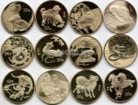 Китай набор из 12-ти монетовидных жетонов 2002-2013 годы лунный календарь, латунное покрытие PROOF