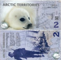 банкнота-образец Арктика 2 полярных доллара 2010 год Морской котик, пластик