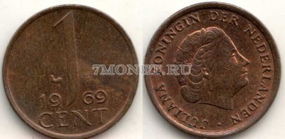 монета Нидерланды 1 цент 1969 год
