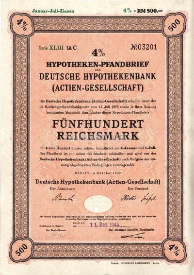 Германия Облигация Ипотека 4% 500 Gm 1942