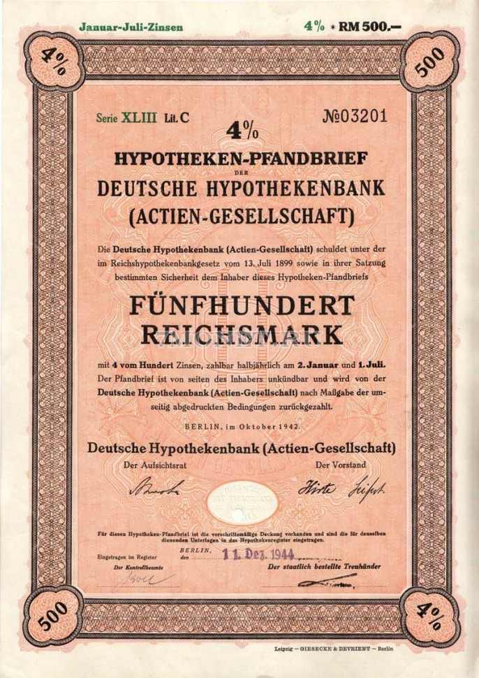 Германия Облигация Ипотека 4% 500 Gm 1942