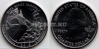 США 25 центов 2015Р год штат Северная Каролина, Автомагистраль Блу-Ридж, 28-й