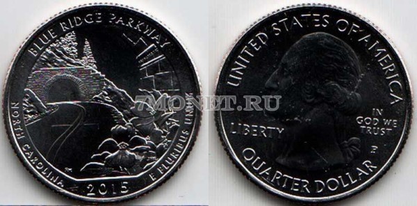 США 25 центов 2015Р год штат Северная Каролина, Автомагистраль Блу-Ридж, 28-й