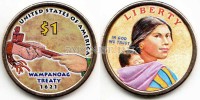 монета США 1 доллар 2011 год трубка мира, эмаль