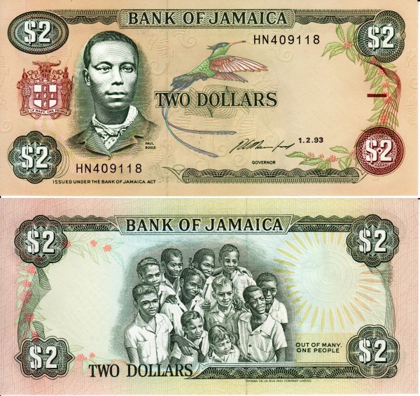 бона Ямайка 2 доллара 1993 год 