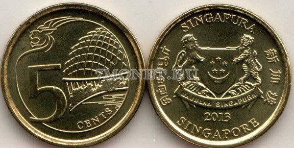 монета Сингапур 5 центов 2013 год