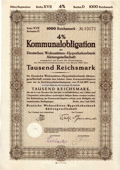 Германия Облигация 1000 Рейхсмарок 1943. Берлин  