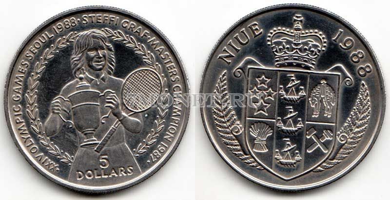 монета Ниуэ 5 долларов 1988 год XXIV олимпийские игры по теннису в Сеуле - Штеффи Граф с кубком