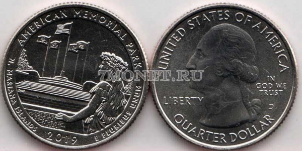 США 25 центов 2019D Марианские острова Американский мемориальный парк, 47-й