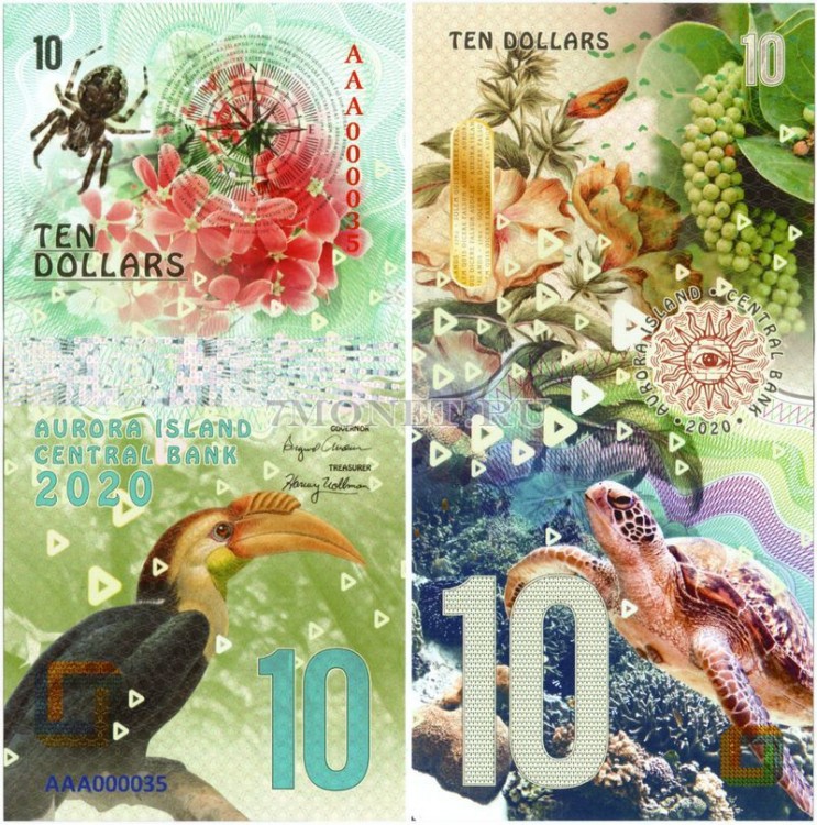 Бона Остров Аврора 10 долларов 2020 год - Флора и фауна