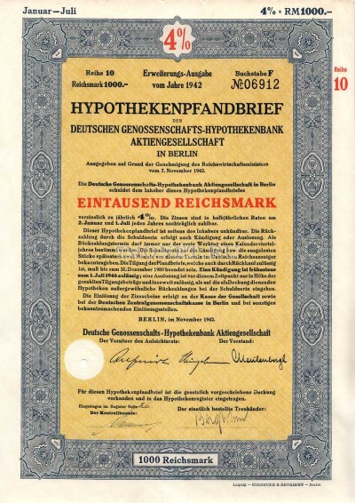 Германия Облигация Ипотека 4% 1000 Gm 1942