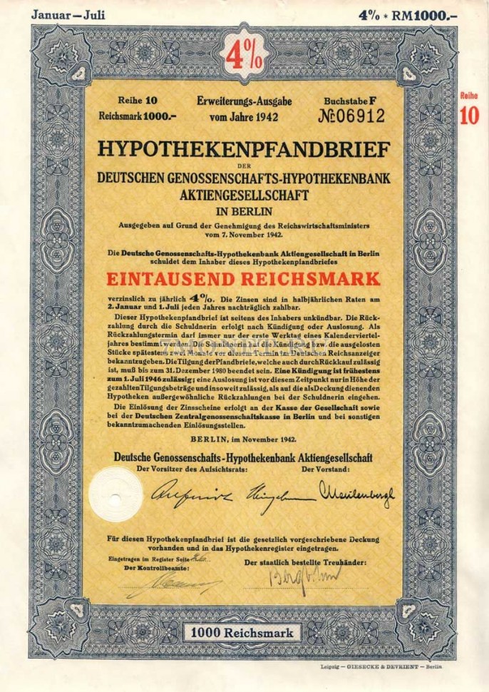 Германия Облигация Ипотека 4% 1000 Gm 1942