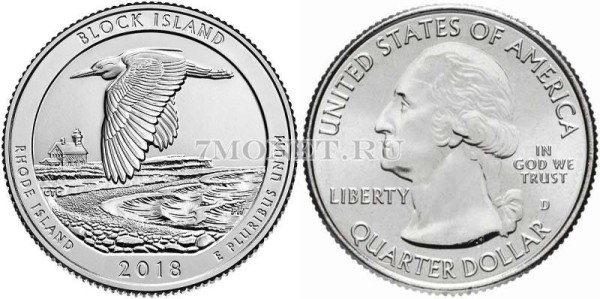 США 25 центов 2018D штат Род-Айленд Национальное убежище дикой природы острова Блок, 45-й