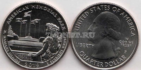 США 25 центов 2019Р Марианские острова Американский мемориальный парк, 47-й