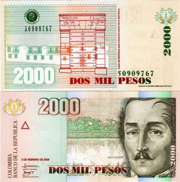 бона Колумбия 2000 песо 2006 год Франсиско де Паула Сантандер