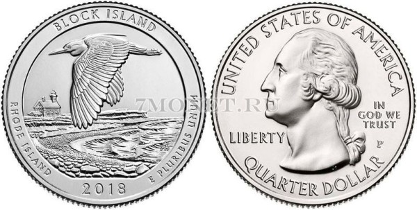США 25 центов 2018P штат Род-Айленд Национальное убежище дикой природы острова Блок, 45-й