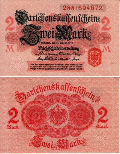 бона 2 марки Германия 1914 год 